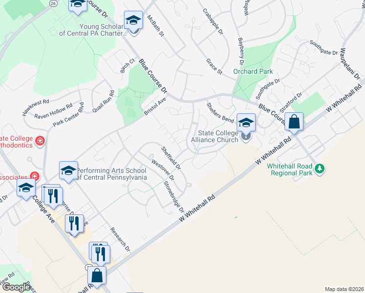 map of restaurants, bars, coffee shops, grocery stores, and more near 110 Raleigh Avenue in State College