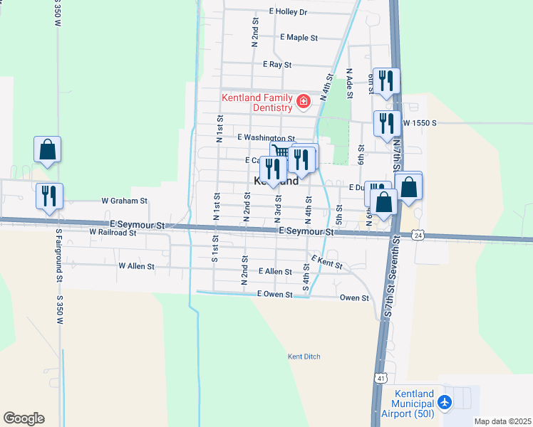 map of restaurants, bars, coffee shops, grocery stores, and more near 106 North 3rd Street in Kentland