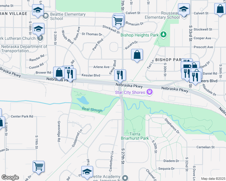 map of restaurants, bars, coffee shops, grocery stores, and more near Southwood Village in Lincoln