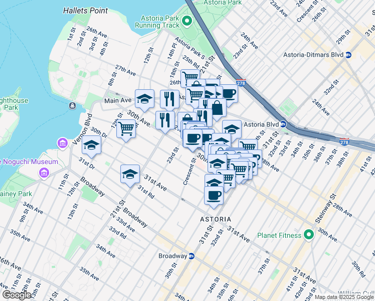 map of restaurants, bars, coffee shops, grocery stores, and more near 23-19 30th Avenue in Queens