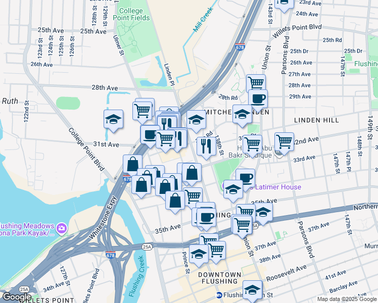 map of restaurants, bars, coffee shops, grocery stores, and more near 31-21 Farrington Street in Queens