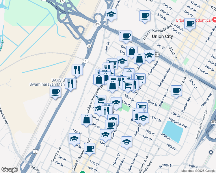 map of restaurants, bars, coffee shops, grocery stores, and more near 919 22nd Street in Union City