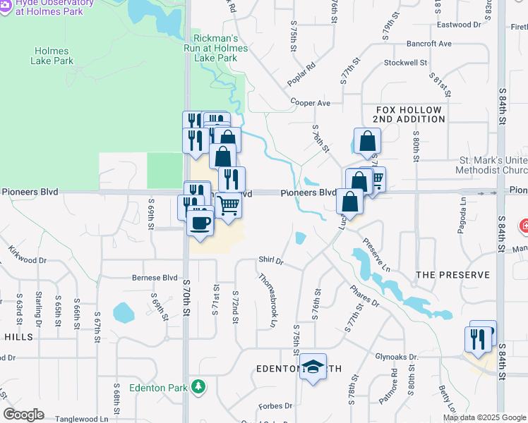 map of restaurants, bars, coffee shops, grocery stores, and more near 7201 Pioneers Boulevard in Lincoln