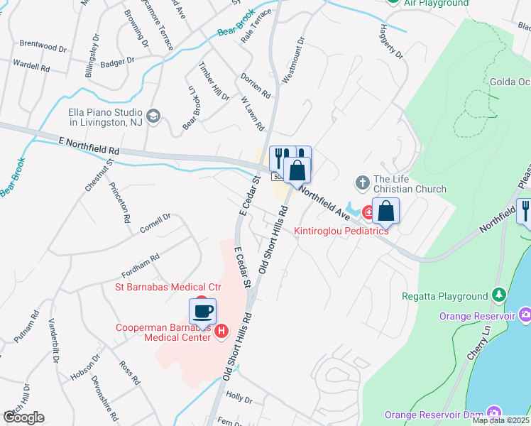 map of restaurants, bars, coffee shops, grocery stores, and more near 38 Old Short Hills Road in Livingston