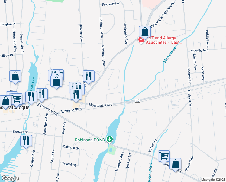 map of restaurants, bars, coffee shops, grocery stores, and more near 30 Dahlia Drive South in East Patchogue