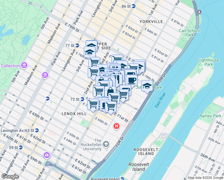 map of restaurants, bars, coffee shops, grocery stores, and more near 1382 1st Avenue in New York