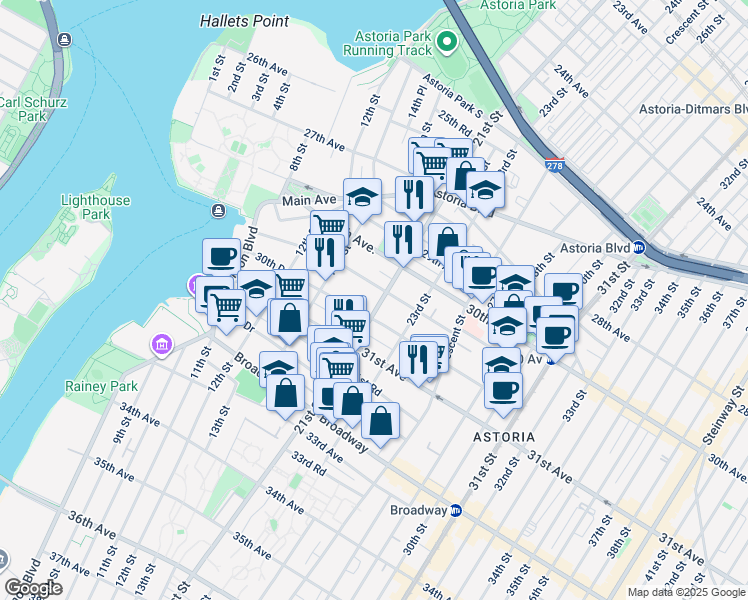 map of restaurants, bars, coffee shops, grocery stores, and more near 30-50 21st Street in Queens
