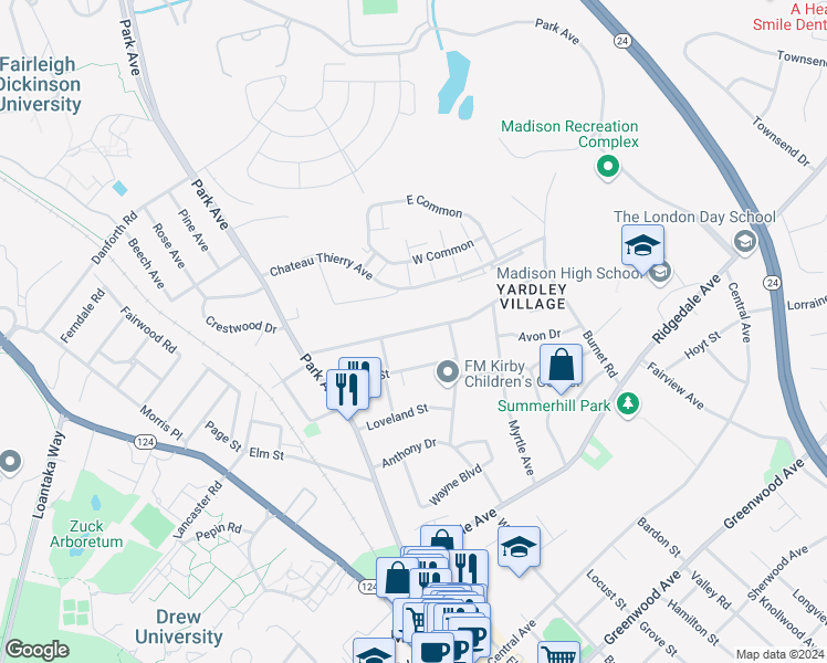 map of restaurants, bars, coffee shops, grocery stores, and more near 50 Madison Avenue in Madison