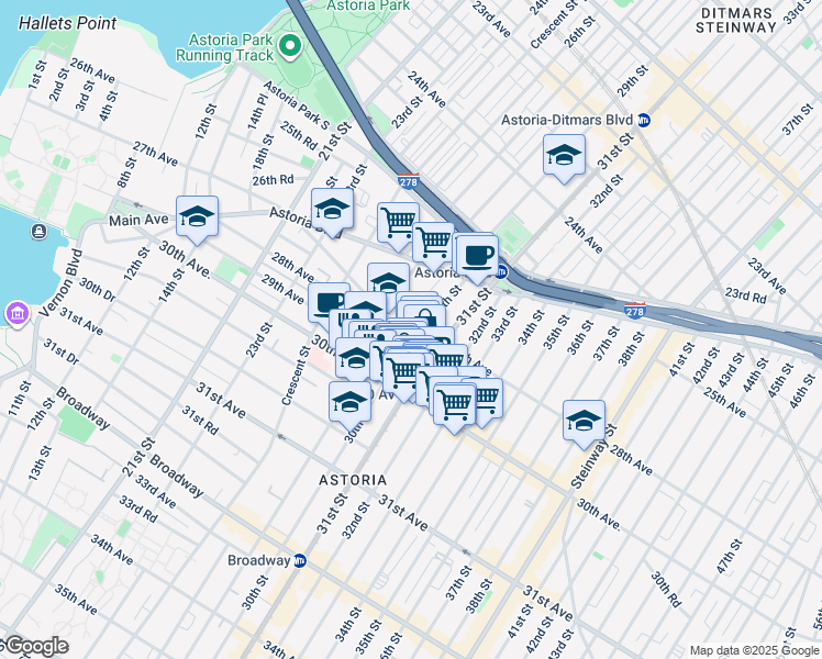 map of restaurants, bars, coffee shops, grocery stores, and more near 29-28 Newtown Avenue in Queens