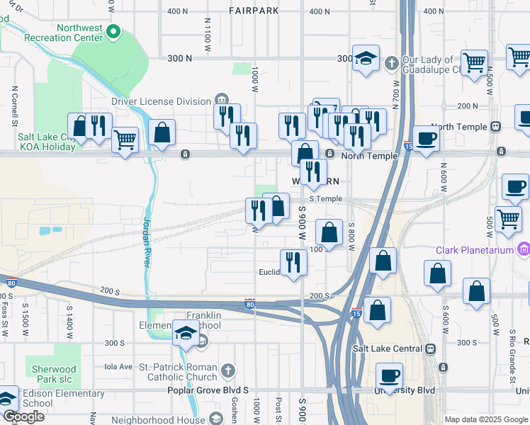 map of restaurants, bars, coffee shops, grocery stores, and more near 15 South 1000 West in Salt Lake City