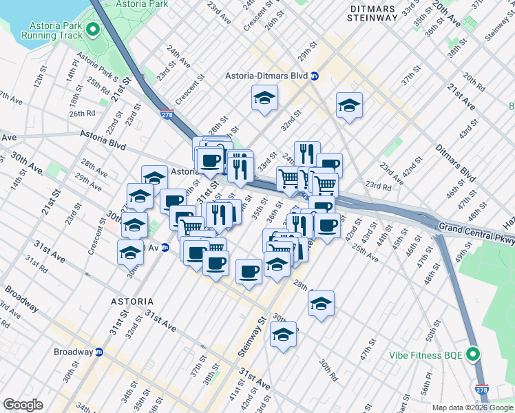 map of restaurants, bars, coffee shops, grocery stores, and more near 25-37 35th Street in Queens