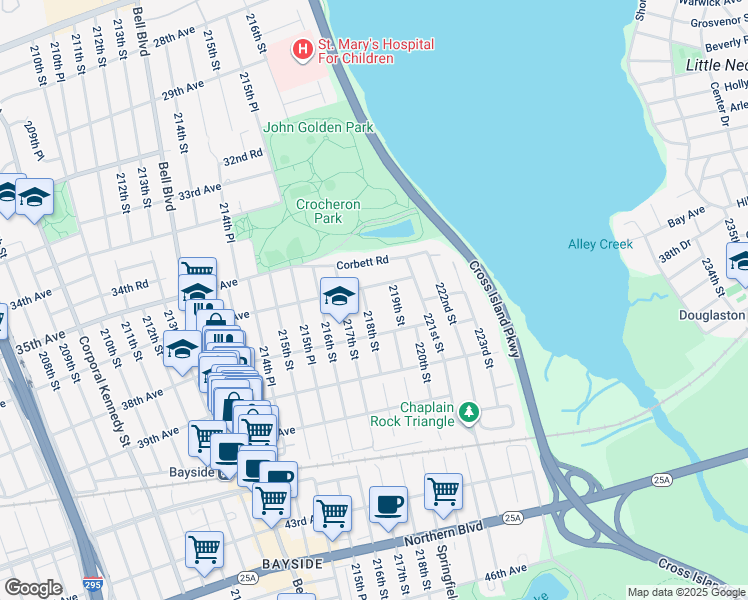 map of restaurants, bars, coffee shops, grocery stores, and more near 36-27 218th Street in Queens