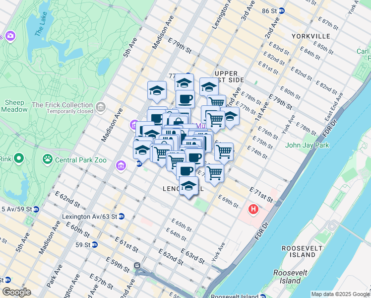 map of restaurants, bars, coffee shops, grocery stores, and more near 215 East 71st Street in New York