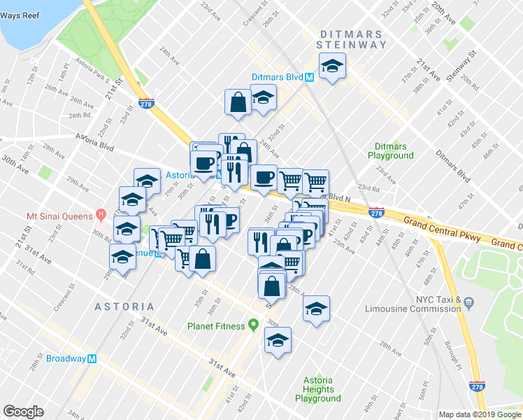 map of restaurants, bars, coffee shops, grocery stores, and more near 25-19 35th Street in Queens