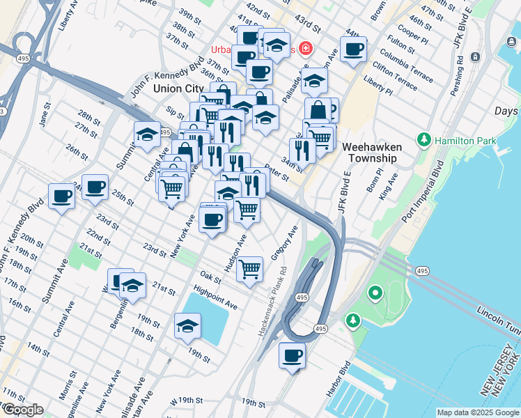map of restaurants, bars, coffee shops, grocery stores, and more near 562 Hudson Avenue in Weehawken