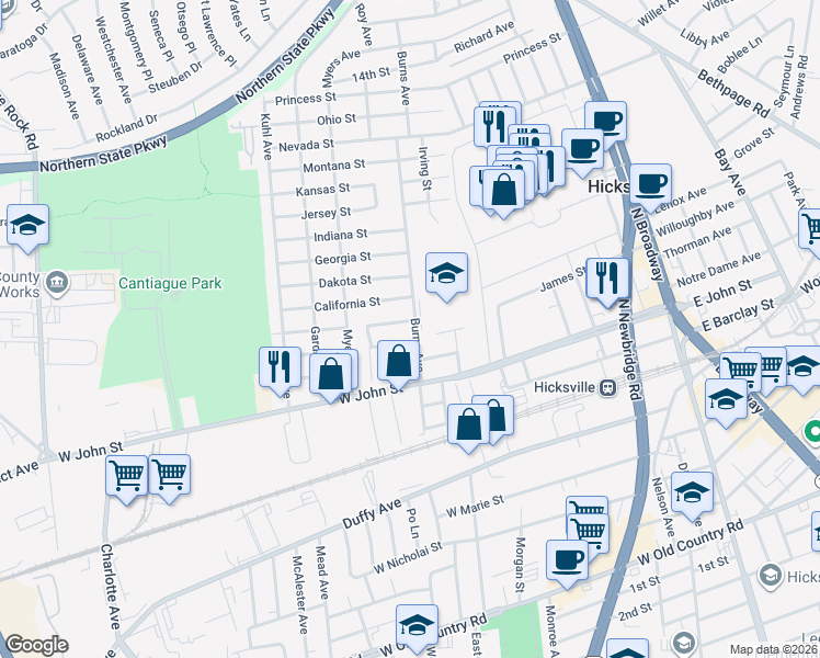 map of restaurants, bars, coffee shops, grocery stores, and more near 2 Hawthorne Street in Hicksville