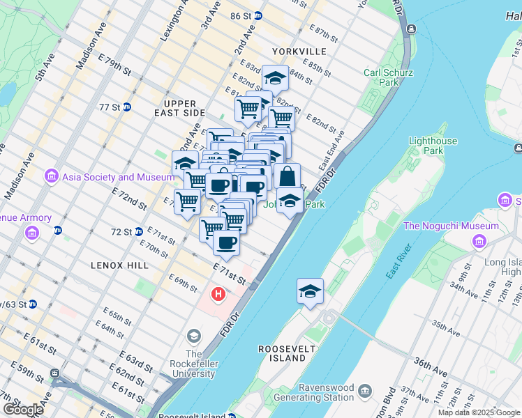 map of restaurants, bars, coffee shops, grocery stores, and more near 505 East 75th Street in New York
