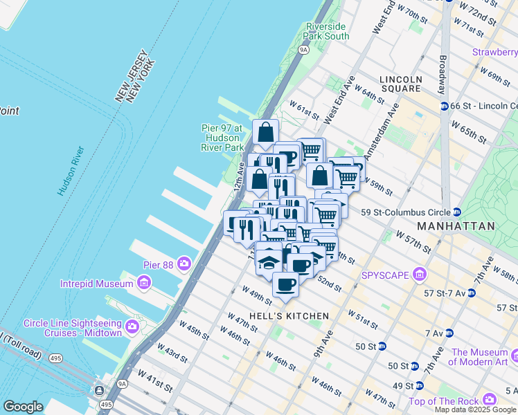 map of restaurants, bars, coffee shops, grocery stores, and more near 619 West 54th Street in New York