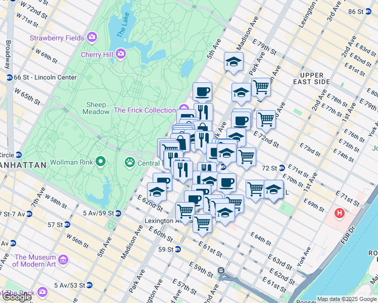 map of restaurants, bars, coffee shops, grocery stores, and more near 32 East 68th Street in New York