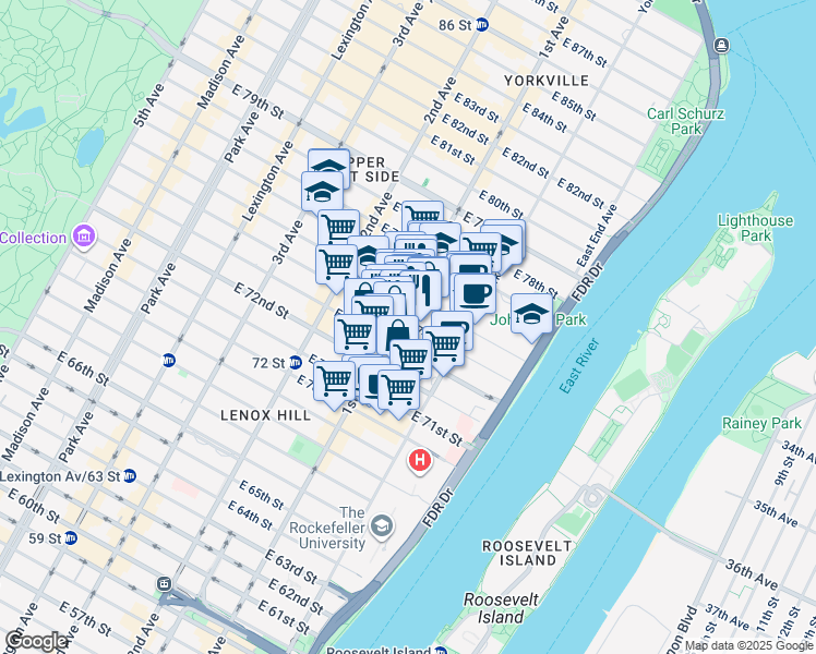 map of restaurants, bars, coffee shops, grocery stores, and more near 400 East 74th Street in New York