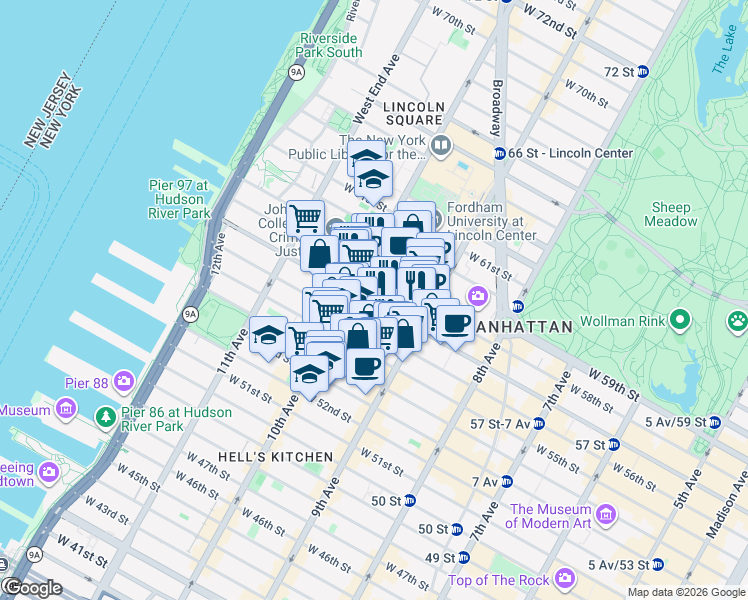 map of restaurants, bars, coffee shops, grocery stores, and more near 469w West 57th Street in New York