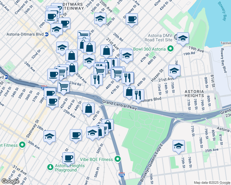 map of restaurants, bars, coffee shops, grocery stores, and more near 22-38 48th Street in Queens
