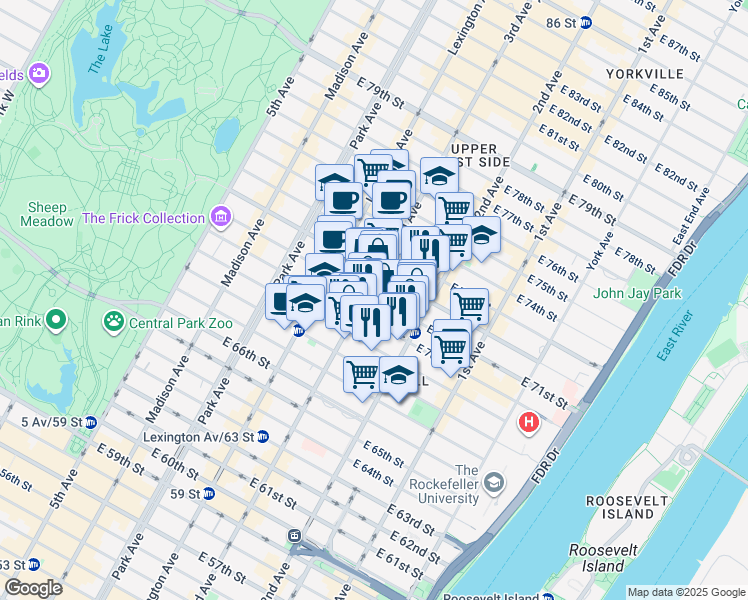map of restaurants, bars, coffee shops, grocery stores, and more near 200 East 71st Street in New York