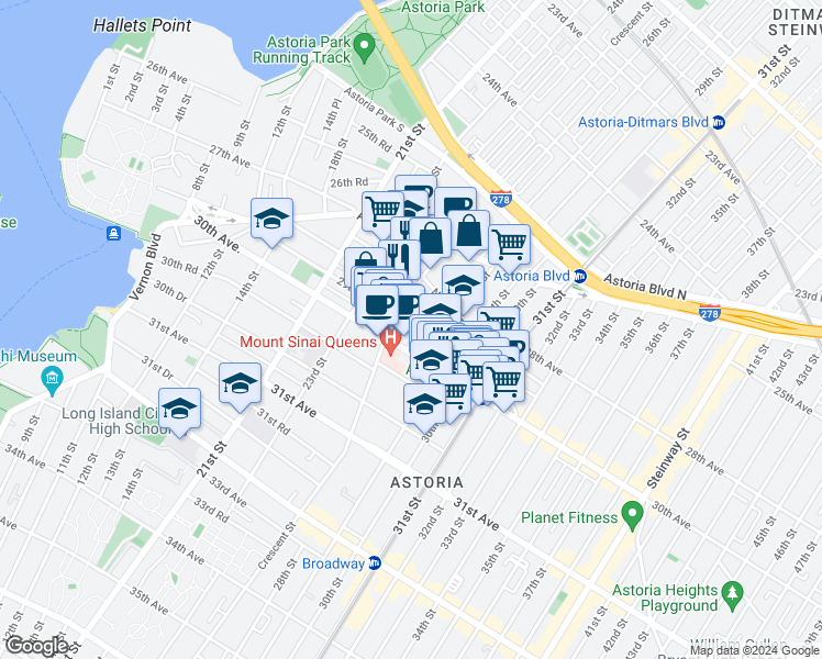 map of restaurants, bars, coffee shops, grocery stores, and more near 27-44 27th Street in Queens