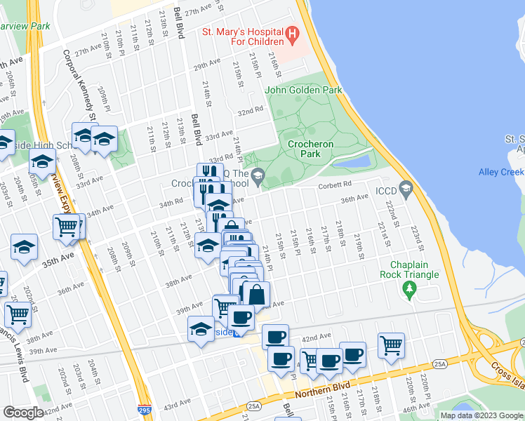 map of restaurants, bars, coffee shops, grocery stores, and more near 35-23 214th Place in Queens