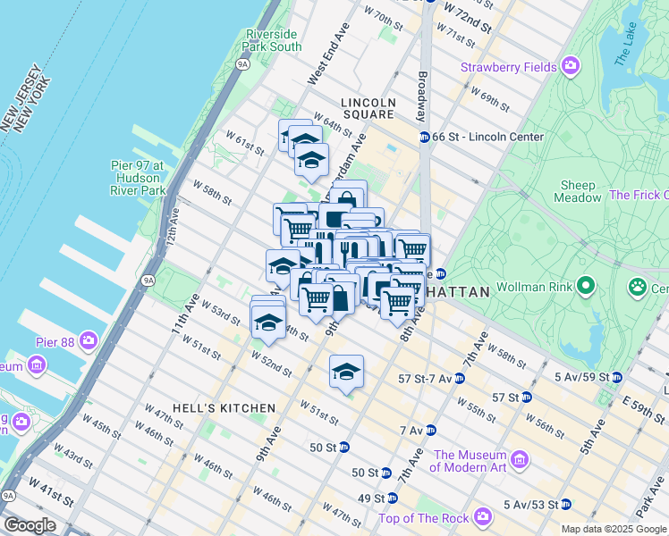 map of restaurants, bars, coffee shops, grocery stores, and more near 432 West 58th Street in New York