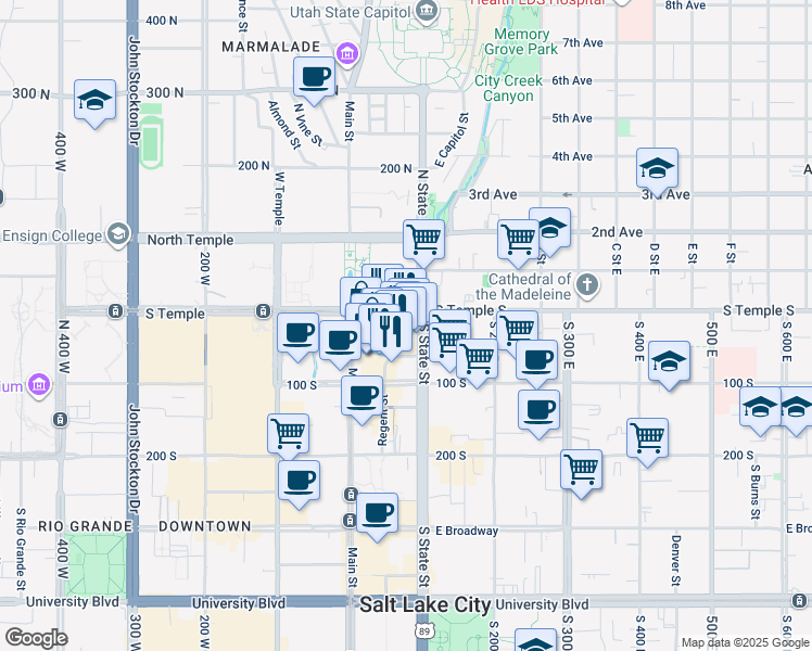 map of restaurants, bars, coffee shops, grocery stores, and more near 60 East South Temple in Salt Lake City