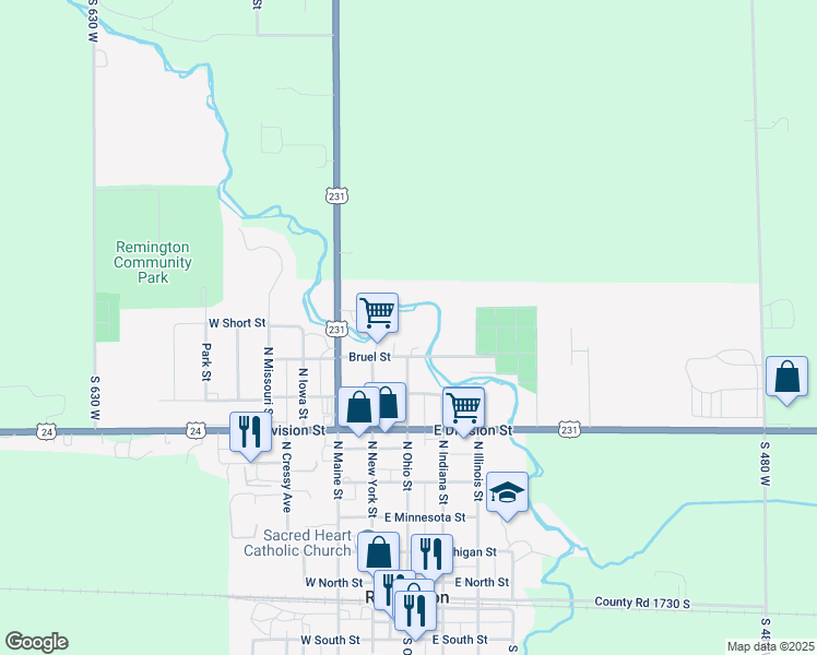 map of restaurants, bars, coffee shops, grocery stores, and more near 10 West Bruel Street in Remington