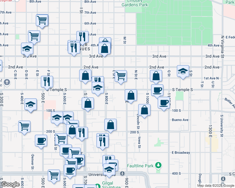 map of restaurants, bars, coffee shops, grocery stores, and more near 777 South Temple in Salt Lake City