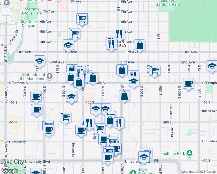 map of restaurants, bars, coffee shops, grocery stores, and more near 630 East South Temple in Salt Lake City