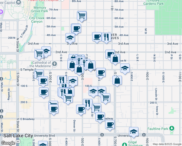 map of restaurants, bars, coffee shops, grocery stores, and more near 550 East South Temple in Salt Lake City