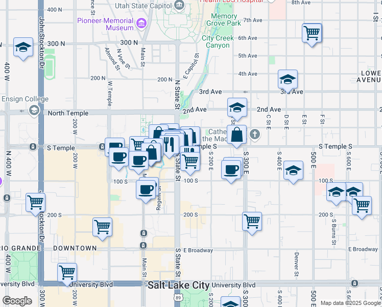 map of restaurants, bars, coffee shops, grocery stores, and more near 156-160 East South Temple Street in Salt Lake City
