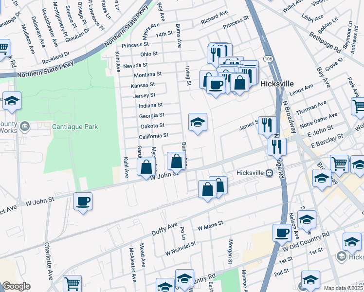 map of restaurants, bars, coffee shops, grocery stores, and more near 2 Hawthorne Street in Hicksville