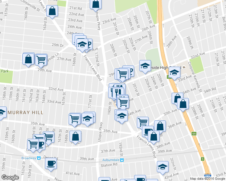 map of restaurants, bars, coffee shops, grocery stores, and more near 198-11 32nd Road in Queens