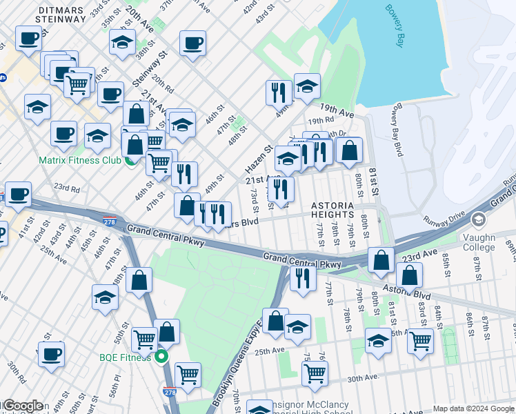 map of restaurants, bars, coffee shops, grocery stores, and more near 73-05 Ditmars Boulevard in Queens