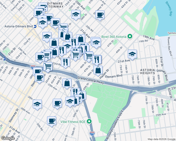 map of restaurants, bars, coffee shops, grocery stores, and more near 22-38 48th Street in Queens