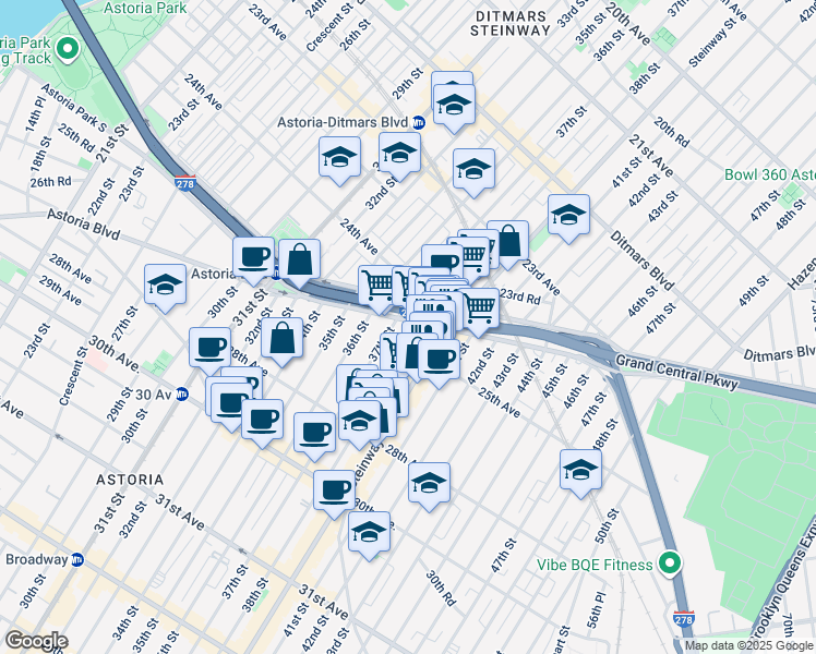 map of restaurants, bars, coffee shops, grocery stores, and more near 2512 Steinway Street in Queens