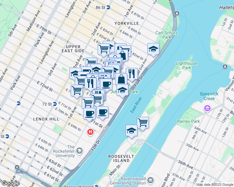 map of restaurants, bars, coffee shops, grocery stores, and more near 530 East 76th Street in New York