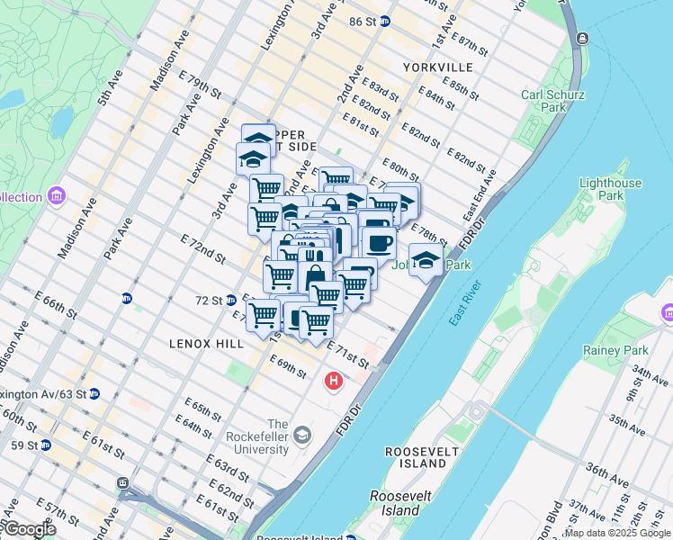 map of restaurants, bars, coffee shops, grocery stores, and more near 402 East 74th Street in New York