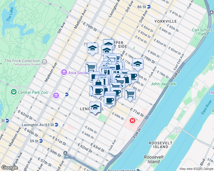 map of restaurants, bars, coffee shops, grocery stores, and more near 1400 2nd Avenue in New York