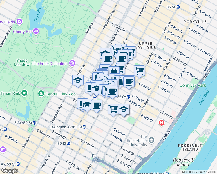 map of restaurants, bars, coffee shops, grocery stores, and more near 201 East 69th Street in New York