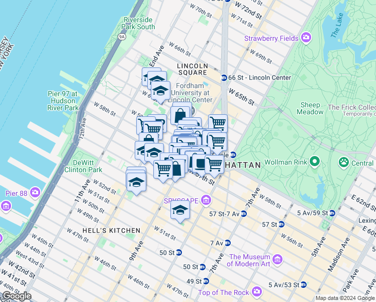 map of restaurants, bars, coffee shops, grocery stores, and more near 871 9th Avenue in New York