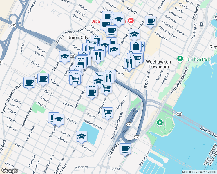 map of restaurants, bars, coffee shops, grocery stores, and more near 562 Hudson Avenue in Weehawken
