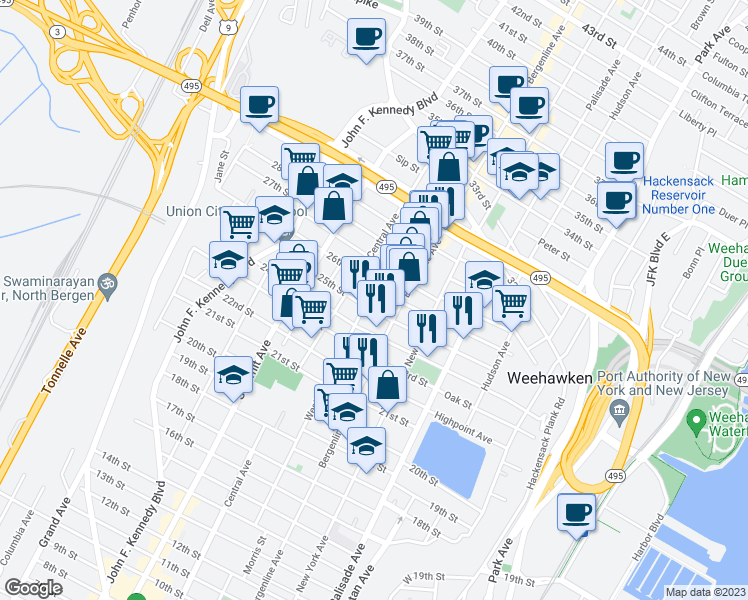 map of restaurants, bars, coffee shops, grocery stores, and more near 508 25th Street in Union City
