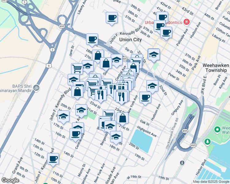 map of restaurants, bars, coffee shops, grocery stores, and more near 608 24th Street in Union City