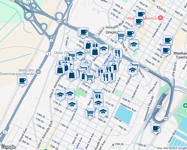 map of restaurants, bars, coffee shops, grocery stores, and more near in Union City